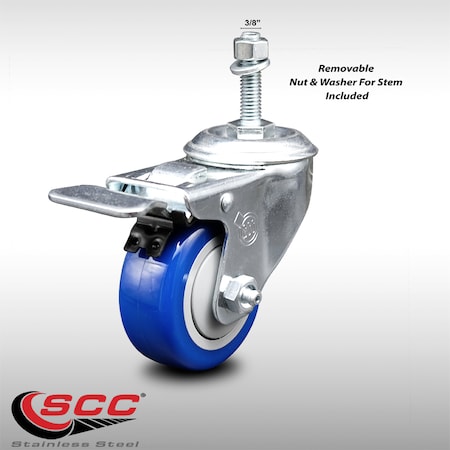 Service Caster 3 Inch SS Blue Polyurethane 3/8 Inch Threaded Stem Caster with Total Lock Brake SCC-SSTSTTL20S314-PPUB-BLUE-381615